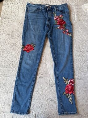 Levi's 711 Blue Skinny Jeans with Red Rose Embroidery-30